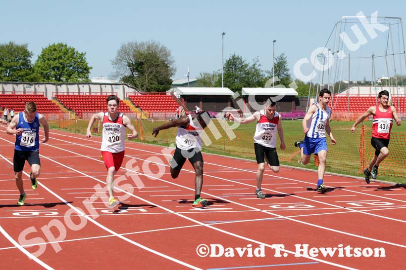 Zachary Haddon (Gateshead) no 420 winning the under-17s 100 metres at the North Eastern Champs, Gateshead.